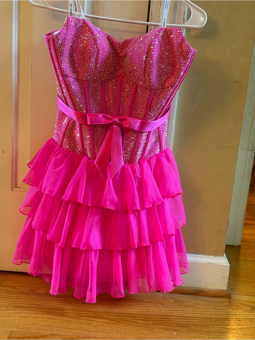 Sherri Hill Hot Pink Beaded Corset Tiered Prom Dress